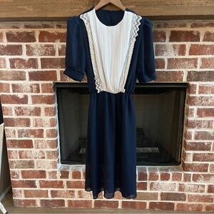Vintage 80s pleated bodice lace trim Navy and White Lace-Trim Midi Dress